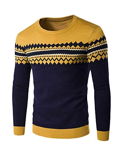 Mens Knitwear Slim Sweater Crew-Neck Long Sleeve Jumper Outerwear Yellow XL