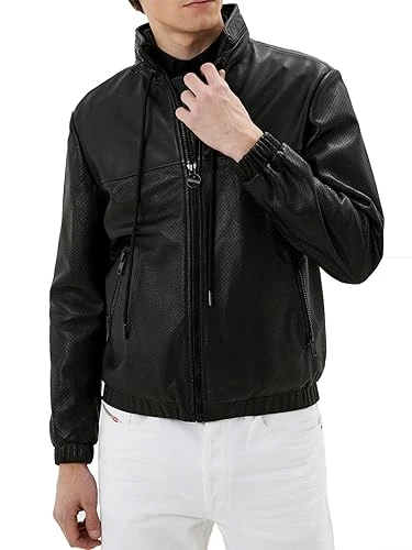 Men's L-Name Giacca Leather Bomber Jacket, black, L