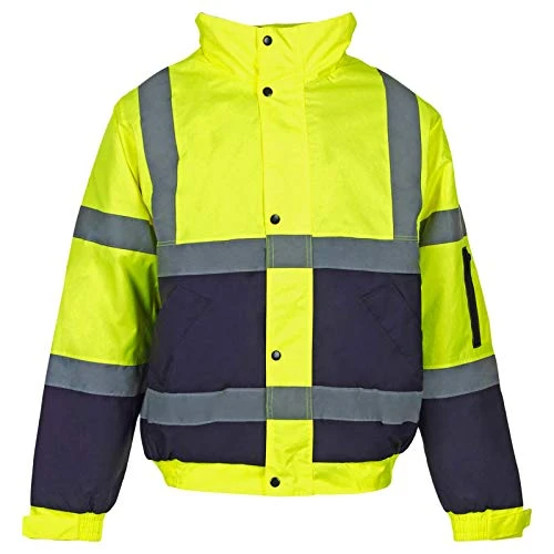 MENS LADIES HI VIZ VIS VISIBILITY WORK WATERPROOF PADDED HOODED JACKETS SIZE Yellow/NavyMedium