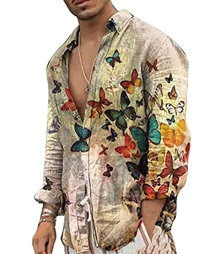 Men's Lapel Long Sleeve Distressed Butterfly Printed Shirt Vintage Autumn Casual Button Loose Blouse