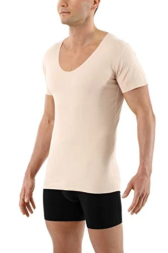 Men's Laser Cut Invisible Seamless deep v-Neck Undershirt Short Sleeves Stretch Cotton - no Undershirt Lines Thanks to raw Seam finitions Nude L