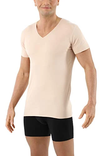 Men's Laser Cut Invisible Seamless v-Neck Undershirt Short Sleeves Stretch Cotton - no Undershirt Lines Thanks to raw Seam finitions Nude S