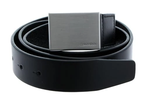 Men's Leather Belt - Black Leather Belt For Men - Brushed Metal Plaque CK Buckle Detail - 100cm / 39.4" Length - 100% Genuine Leather