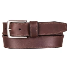 Men's Leather Belt with Nickel Finish Buckle, Double Needle Stitched-Brown, 42