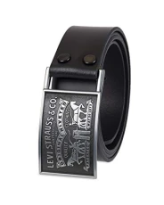 Men's Leather Belt with Plaque Buckle, Black Snap, Medium (34-36)