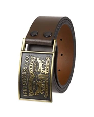 Men's Leather Belt with Plaque Buckle, Brown Snap, Medium (34-36)