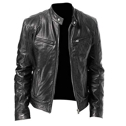 Men's Leather Biker Jacket - Vintage Leather Jacket Men Motorcycle - Stand Collar Distressed Leather