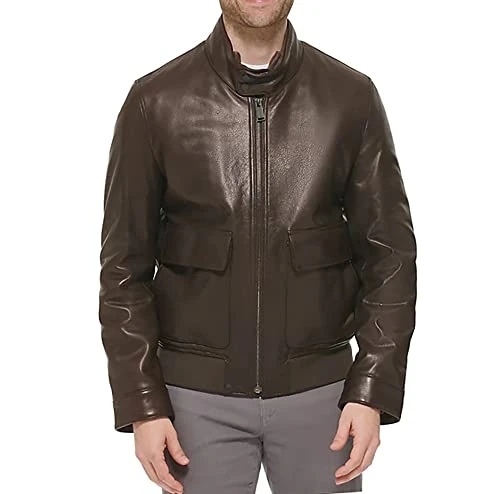 Men's Leather Bomber Jacket, Chocolate, XX-L
