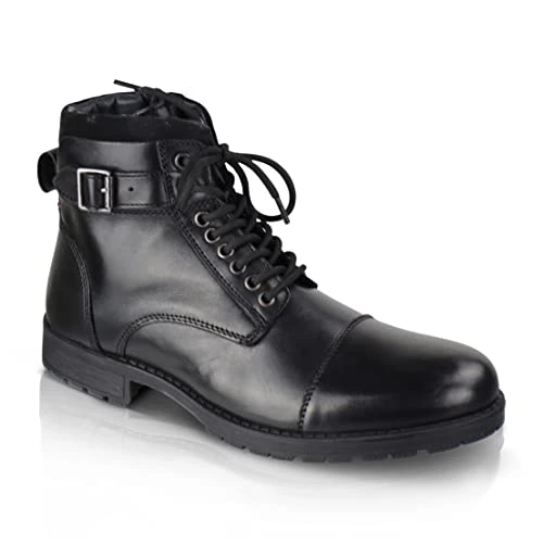 Men's Leather Casual Ankle Lace up JJ Boot with buckle, Black, 9