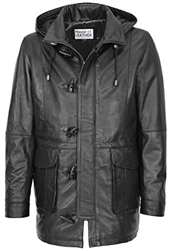 Mens Leather Duffle Coat with Detachable Hoodie Parka Jack Black (L)