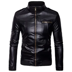 Men's Leather Jacket Fashion Faux Leather Bomber Jacket with Pockets Stand Collar Biker Jacket Slim-Fit
