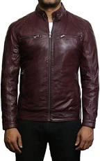 Mens Leather Jacket Genuine Lambskin Moto Biker Slimfit Classic Burgundy