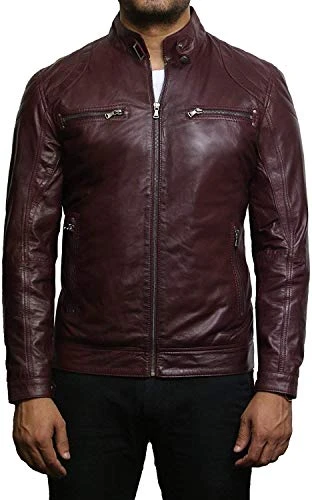 Mens Leather Jacket Genuine Lambskin Moto Biker Slimfit Classic Burgundy
