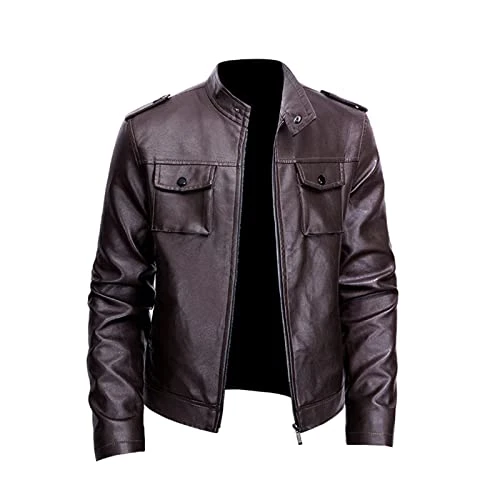 Men's Leather Jackets Casual Stand Collar Bomber Jackets Vintage Zipped Biker Jacket Long Sleeve Outerwear
