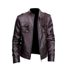 Men's Leather Jackets Casual Stand Collar Bomber Jackets Vintage Zipped Biker Jacket Long Sleeve Outerwear