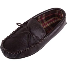 Mens Leather Moccasin with Rubber Sole & Cotton Lining, Brown, UK 7