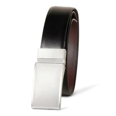 Men's Leather Reversible Plaque Dress Belt, Black/Chestnut Brown, 42