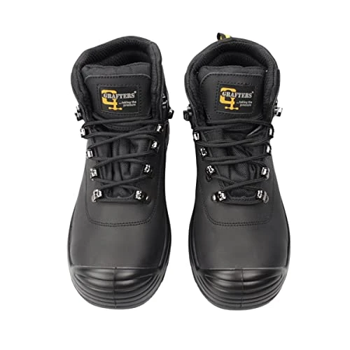MENS  LEATHER WATERPROOF WIDE FIT LACE UP SAFETY BOOTS M9508 (UK12, BLACK)