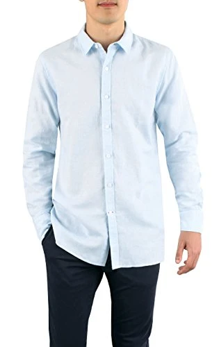 Mens Light Blue Linen Shirt Regular Fit Long Sleeve-2XL