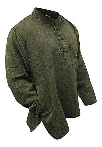 Mens Light Weight Hippy Festival Plain Grandad Shirt, (Green/XL)