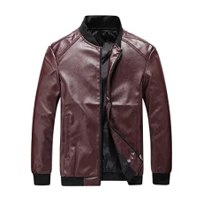 Men's Lightweight Bomber Jacket Stand Collar Casual Faux Leather Jacket Slim Fit Outwear Wine Red L