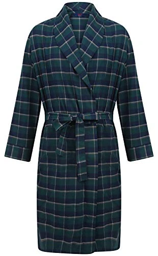 Men's Lightweight Brushed Cotton Dressing Gown, Green & Navy Tartan (Medium)