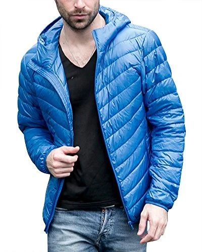Mens Lightweight Hooded Down Jacket Packable Puffer Quilted Padded Jackets Coat Sapphire Blue XXL