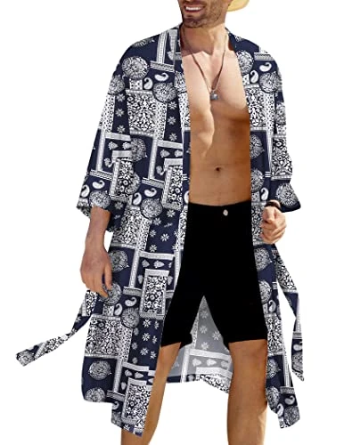 Men's Lightweight Kimono Robe Japanese Bathrobes Open Front Long Cardigan Cloak with Belt, Navy, Medium