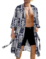 Men's Lightweight Kimono Robe Japanese Bathrobes Open Front Long Cardigan Cloak with Belt, Navy, Medium Men's Lightweight Kimono Robe Japanese Bathrobes Open Front Long Cardigan Cloak with Belt, Navy, Medium