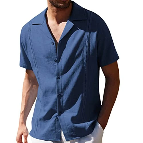 Men's Lightweight Linen Shirt Short Sleeve Turn Down Collar Button Down Shirt Cuban Beach Top Dark B