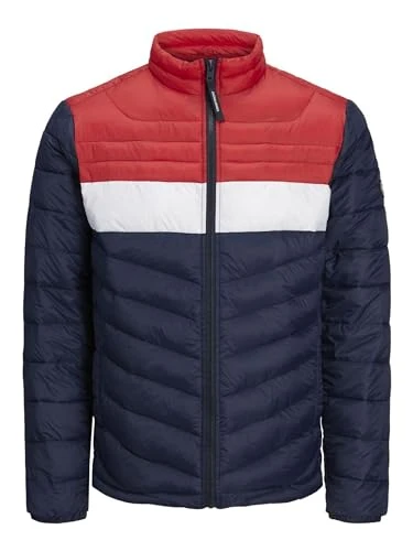 Men's Lightweight Long Sleeve Padded Puffer Jacket - Navy Red, XL
