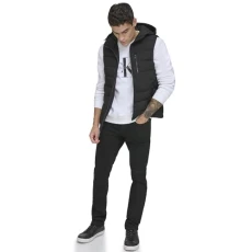 Men's Lightweight Packable Hooded Puffer Vest Jacket, Ebony, S