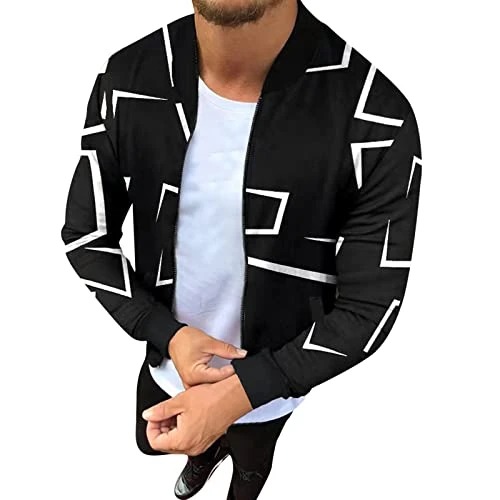 Men's Lightweight Quilted Jacket Hooded Casual Geometric Print Open Pocket Jacket Men Long Sleeve Zipper Fly Pocket Jackets Jean, K, XXXL