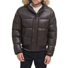Men's Lightweight Quilted Puffer Jacket, Saddle Faux Leather, S