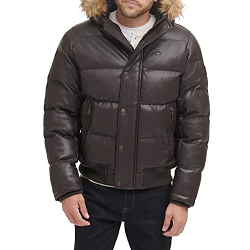 Men's Lightweight Quilted Puffer Jacket, Saddle Faux Leather, S