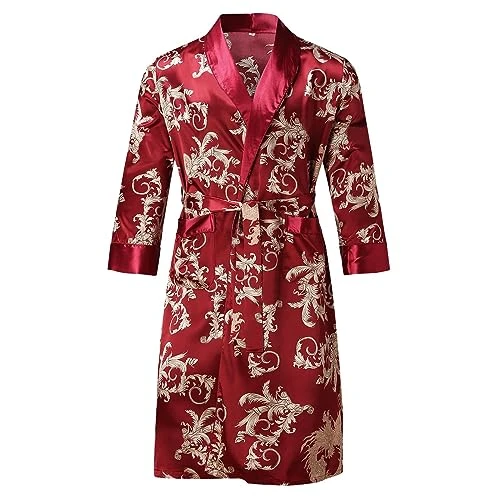 Men's Lightweight Thin Dressing Gown Satin Long V-Neck Sauna Gown House Coat Silk Sleep Gown Printed Cuddly Suit Large Sizes Negligee with Pockets Nightdress Casual Pyjamas, Wine Red, XXL