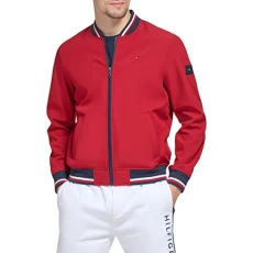 Men's Lightweight Varsity Rib Knit Bomber Jacket Shell, Red, XL