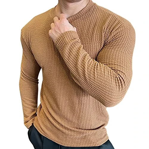 Men's Lightweight Vintage Sweater, Men's Casual Long Sleeves T-Shirt Cable Knit Crew Neck Jacquard P