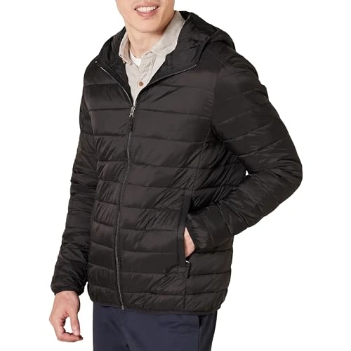 Men's Lightweight Water-Resistant Packable Hooded Puffer Jacket, Black, S