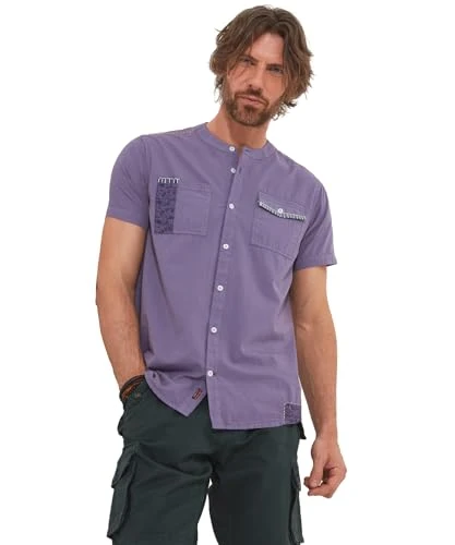 Men's Lilac Embroidered Pocket Grandad Collar Short Sleeve Shirt, M