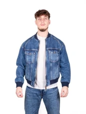 Men's Limited Milano Edition Destressed Denim Bomber Jacket, Indigo Denim, M Men's Limited Milano Edition Destressed Denim Bomber Jacket, Indigo Denim, M