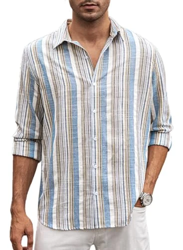 Mens Linen Button-Down Shirts Casual Striped Long Sleeve Summer Beach Shirt, Multicolor Blue, Medium