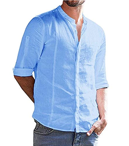 Men's Linen Casual Shirt Summer 3/4 Sleeves Plain Regular Fit Shirt Button Up Shirts Light Weight To