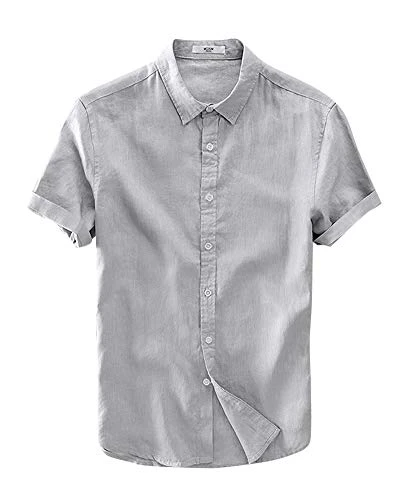 Men's Linen Classic Fit Button-Down Short Sleeve Casual Shirt Grey 3XL