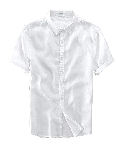 Men's Linen Classic Fit Button-Down Short Sleeve Casual Shirt White XL