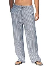 Mens Linen Drawstring Pants Elastic Waist Lightweight Trouser Casual Yoga Summer Beach Pant, Striped- Denim Blue, XL Mens Linen Drawstring Pants Elastic Waist Lightweight Trouser Casual Yoga Summer Beach Pant, Striped- Denim Blue, XL
