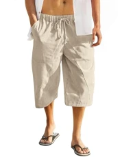 Men's Linen Harem Capri Pants Casual Lightweight Drawstring Yoga Pants Baggy 3/4 Beach Trousers, Khaki, Large Men's Linen Harem Capri Pants Casual Lightweight Drawstring Yoga Pants Baggy 3/4 Beach Trousers, Khaki, Large