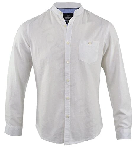 Mens Linen Long Roll Up Sleeved Shirt Casual Summer Grandad Collar (L, White)