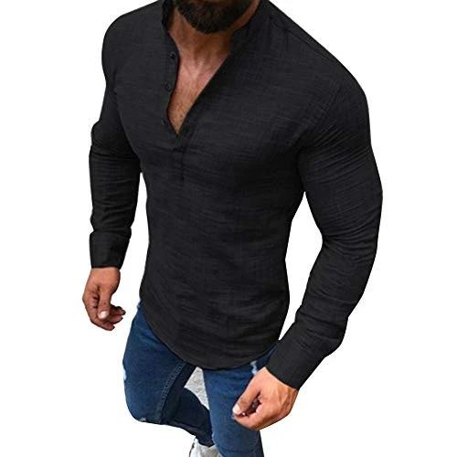 Men's Linen Long Sleeve T-Shirt Casual Top Black 5XL