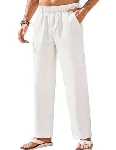 Mens Linen Pants Beach Drawstring Elastic Waist Summer Casual Trousers, White, Small